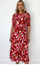 Load image into Gallery viewer, Floral Red Dress with side slit