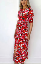 Load image into Gallery viewer, Floral Red Dress with side slit