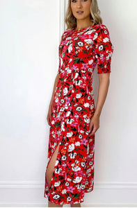 Floral Red Dress with side slit