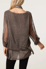 Load image into Gallery viewer, TEXTURED MESH TUNIC &amp; SCARF TOP Chocolate