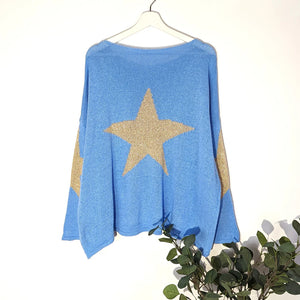 SLIGHT HI-LO JUMPER WITH BRIGHT STARS ON BACK AND ELBOWS (M-XL)