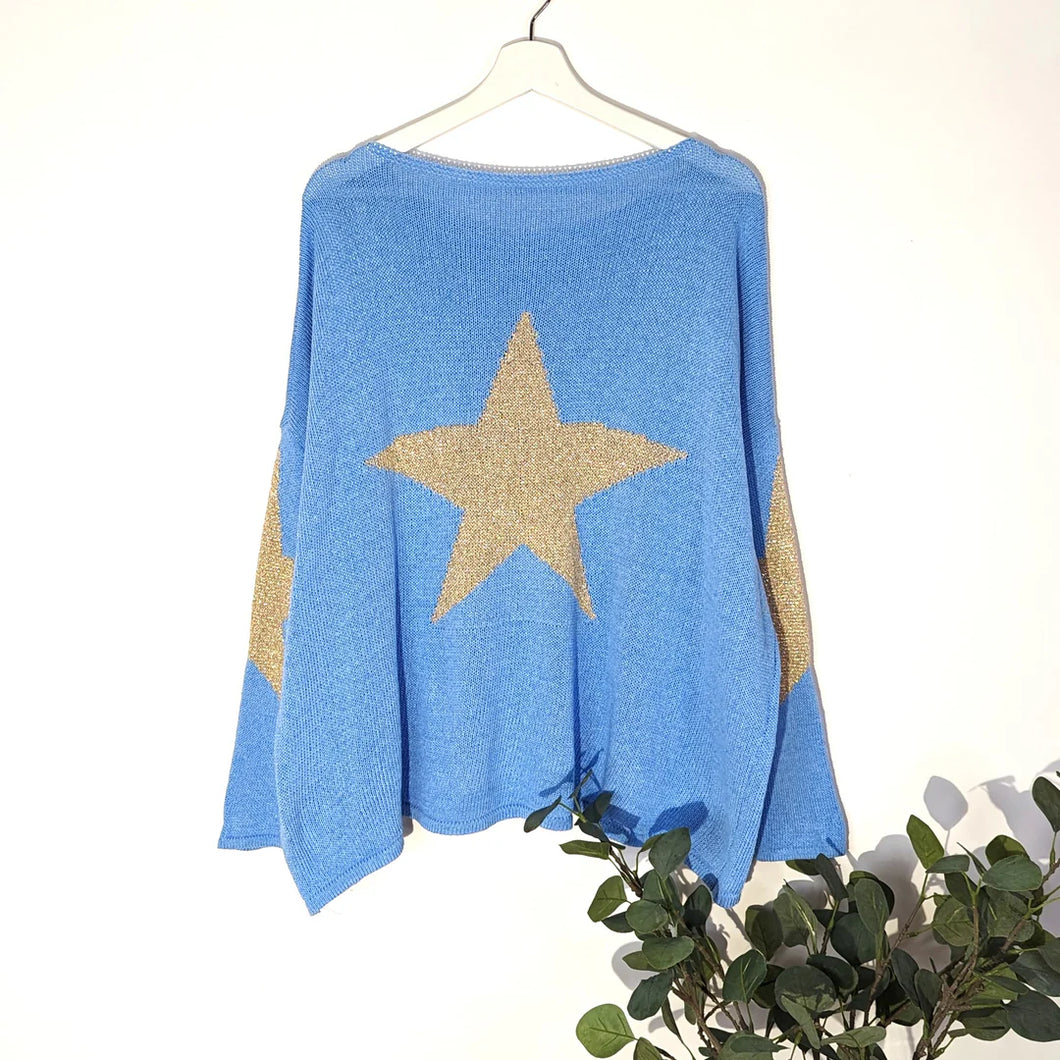 SLIGHT HI-LO JUMPER WITH BRIGHT STARS ON BACK AND ELBOWS (M-XL)