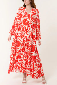 ABSTRACT LEAF V-NECK MAXI DRESS