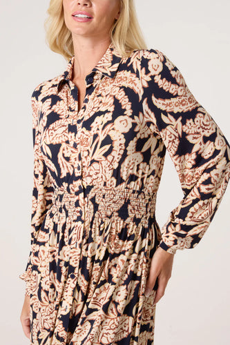 BORDER & LEAF PRINT SHIRT STRETCH DRESS