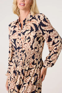 BORDER & LEAF PRINT SHIRT STRETCH DRESS