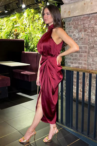Wine Halter Neck Dress