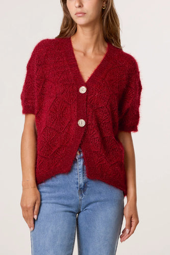 POINTELLE KNIT SHORT SLEEVE CARDIGAN