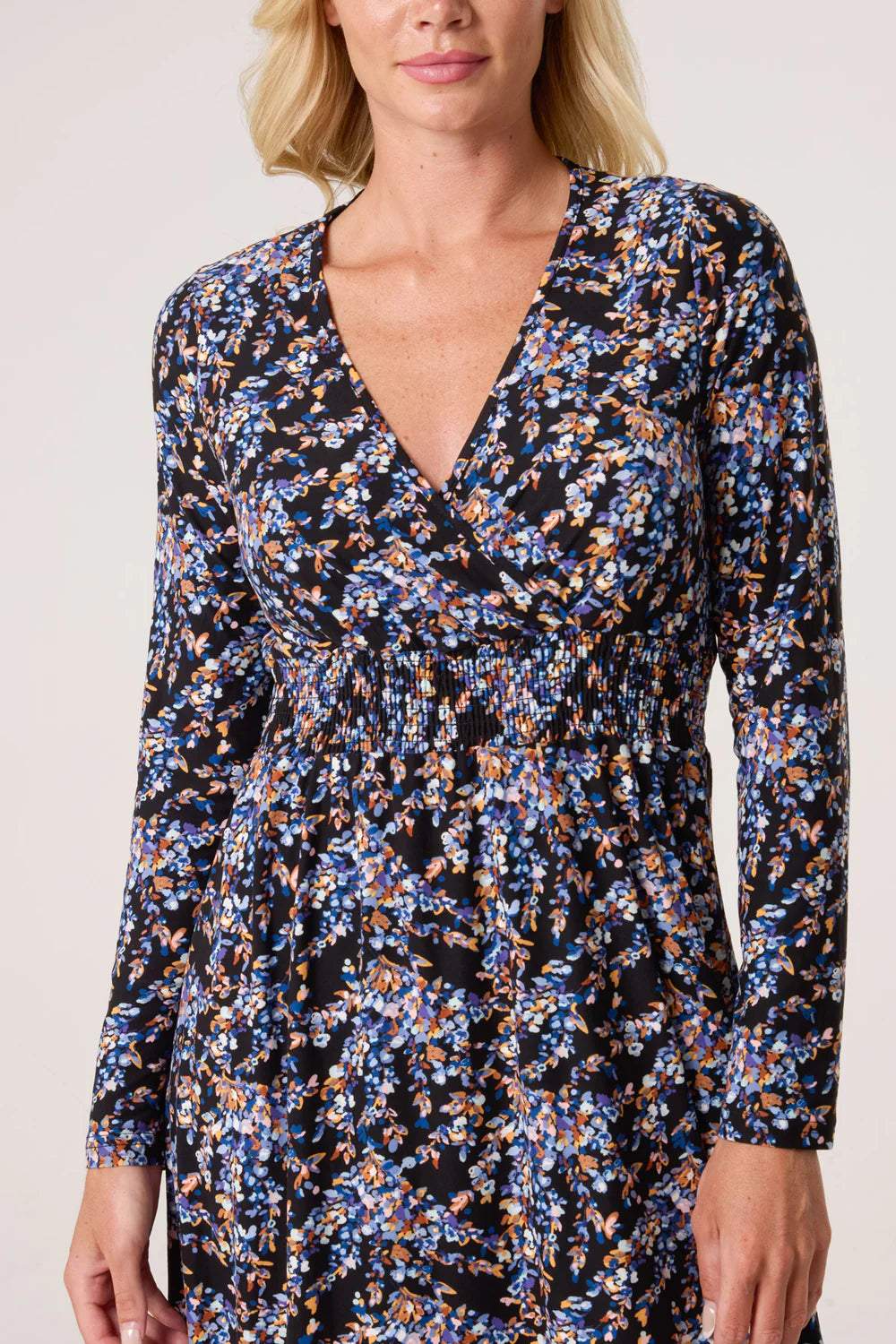 FLORAL V WRAP LONG SLEEVE STRETCH DRESS