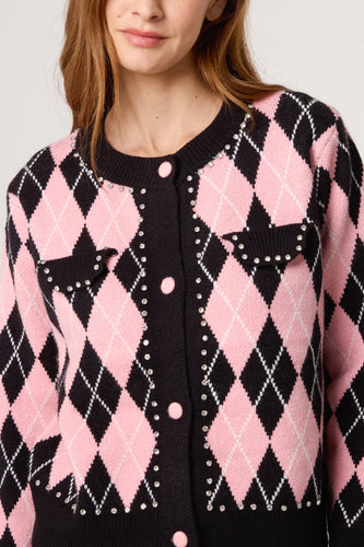 DIAMANTE ARGYLE-PATTERNED KNIT CARDIGAN