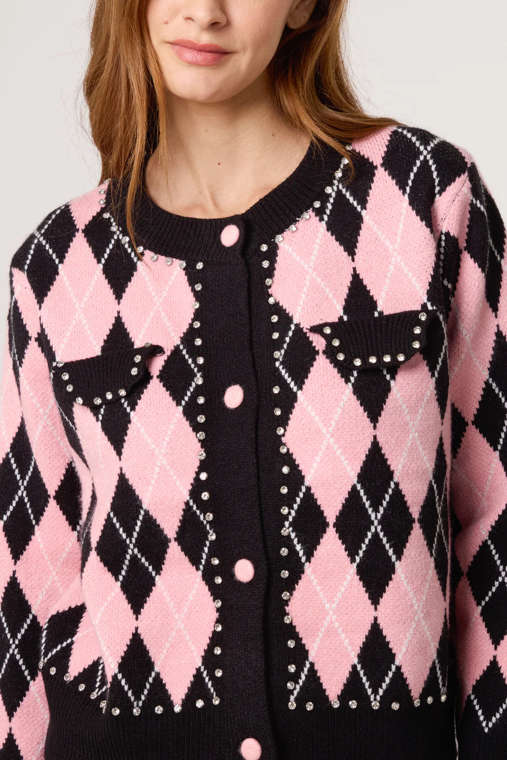 DIAMANTE ARGYLE-PATTERNED KNIT CARDIGAN