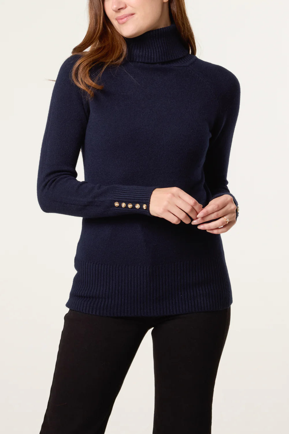 ROLL NECK BUTTON CUFF JUMPER navy