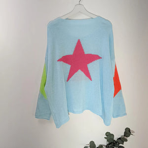 SLIGHT HI-LO JUMPER WITH BRIGHT STARS ON BACK AND ELBOWS (M-XL)