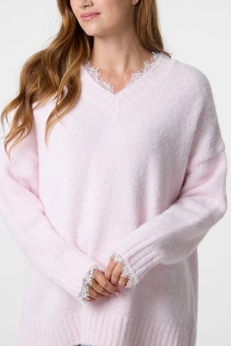 LACE TRIM FLUFFY KNIT V-NECK JUMPER