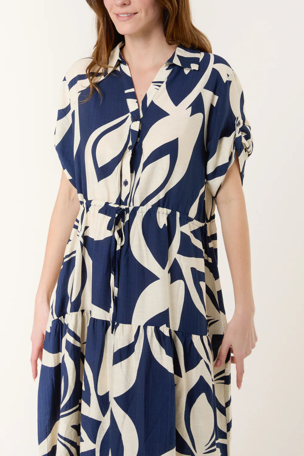 ABSTRACT FLORAL BUTTON & TIERED MIDI DRESS