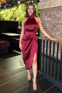 Wine Halter Neck Dress