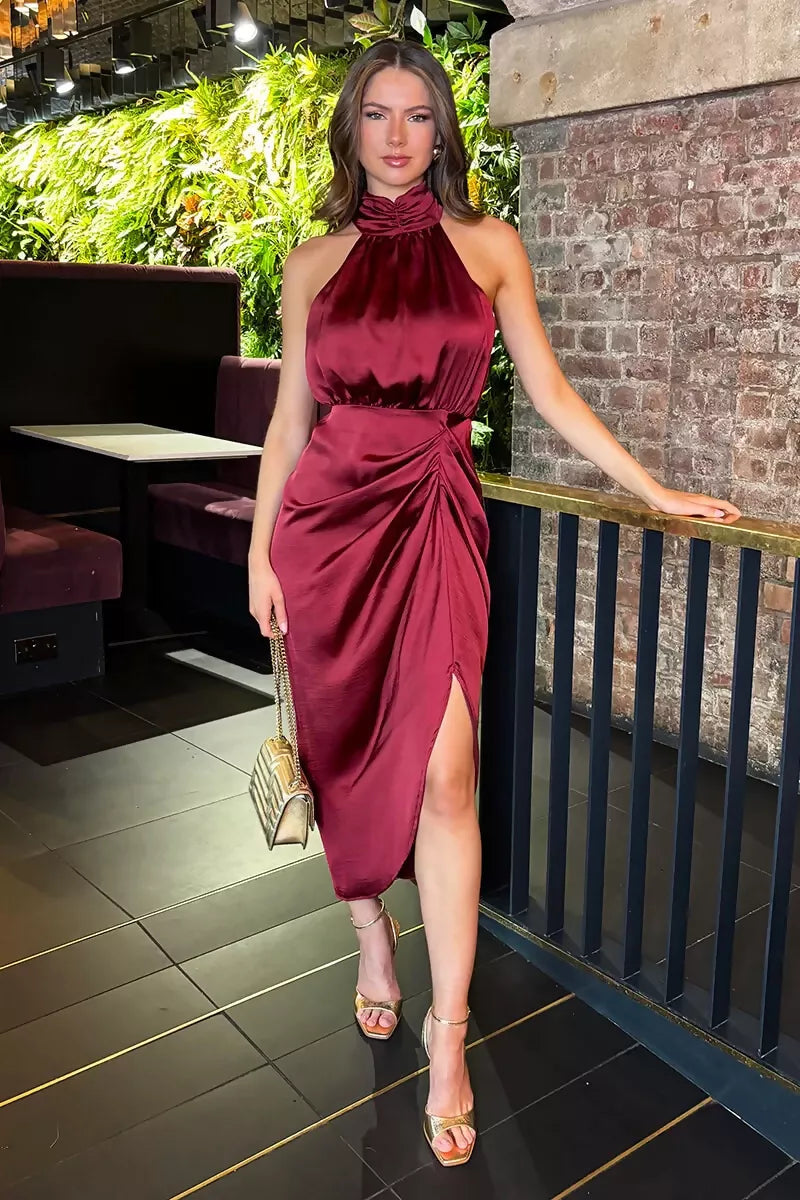 Wine Halter Neck Dress