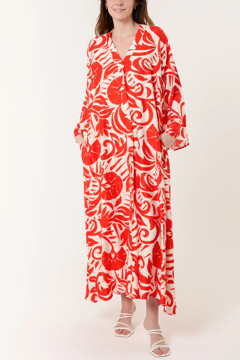 ABSTRACT LEAF V-NECK MAXI DRESS