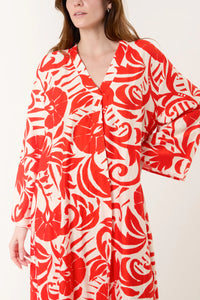 ABSTRACT LEAF V-NECK MAXI DRESS