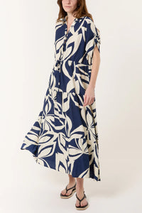 ABSTRACT FLORAL BUTTON & TIERED MIDI DRESS